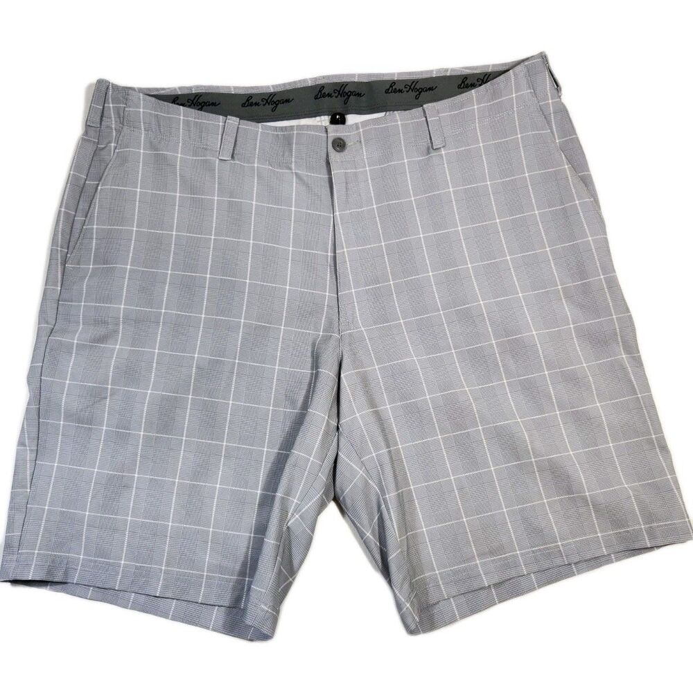 Ben Hogan Mens Golf Shorts 42 Gray White Windowpane Plaid Flat Front Performance